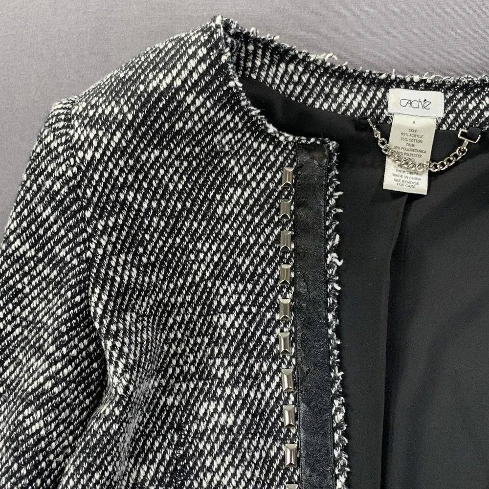 Cache Jacket Womens 8 Black White Tweed Open Front Chain Trim Blazer Career